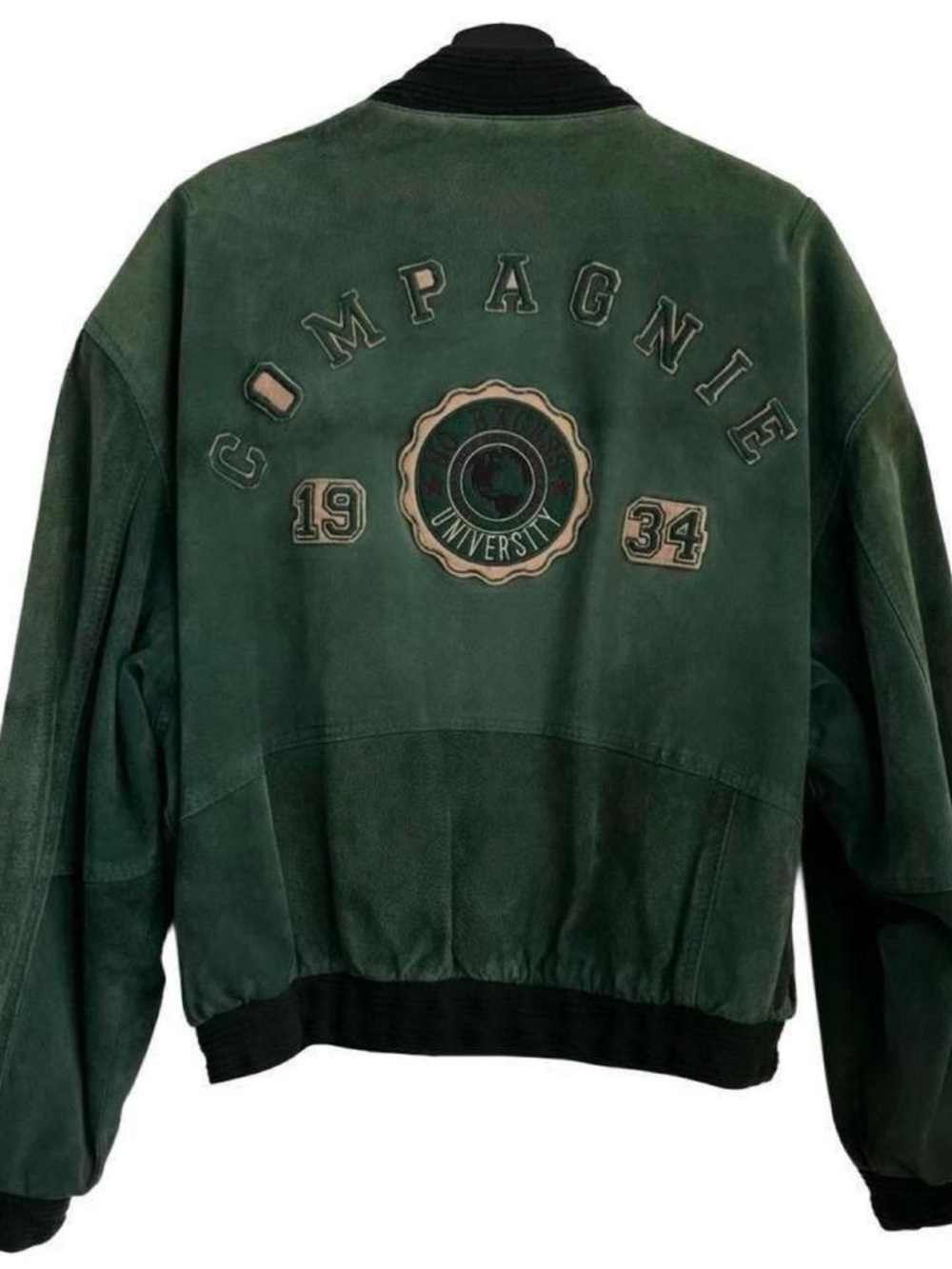 Vintage Green Suede Leather Varsity Jacket Embroidered Collegiate Patch Unisex
